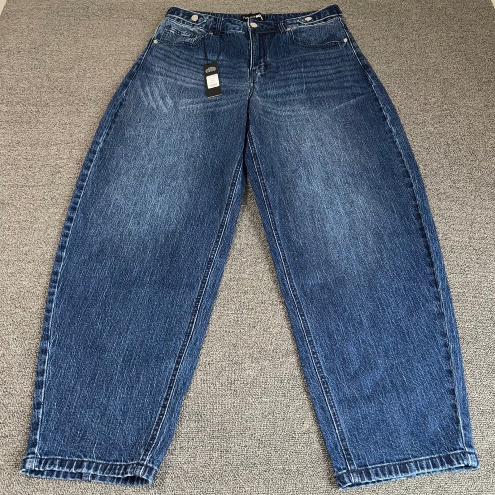 Fashion Nova For The Record Stretch Barrel Leg Jeans Dark Wash Sz 11 Streetwear